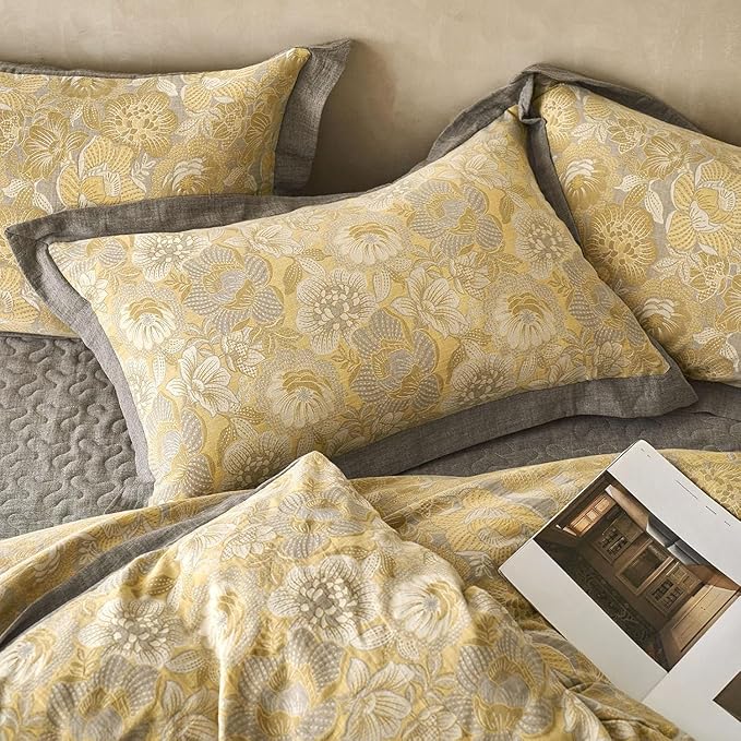 LifeTB Golden Floral Jacquard Duvet Cover Queen 3 Pieces Cotton Yarn-Dyed Textured Duvet Cover Vintage Flower Comforter Cover with Edge Design Boho Floral Bedding Duvet Cover with 2 Pillowcases
