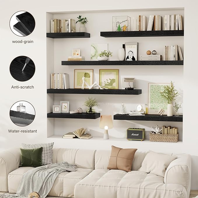 12 Inch Floating Shelves, 12" Deep Floating Shelf Wall Mounted, 12" Wall Shelves, Rustic Deep Bookshelf, Extra Deeper Display Shelves & Storage Shelves for Bedroom, Living Room, Set of 3