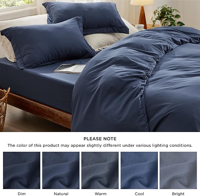 Bedsure Duvet Cover Queen Size with Fitted Sheet - 4 Pieces Prewashed Cotton-Like Extra Soft Bedding Set, Includes 1 Duvet Cover 90x90 Inches with Zipper Closure, 2 Pillow Shams, 1 Fitted Sheet, Navy