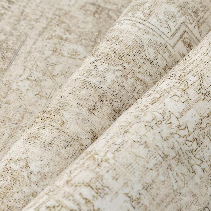 PureCozy 6x9 Area Rug Washable Living Room Bedroom Carpet Vintage Distressed Large Non Slip Low Pile Thin Cream Beige Dining Room Office Medallion Accent Throw Rug