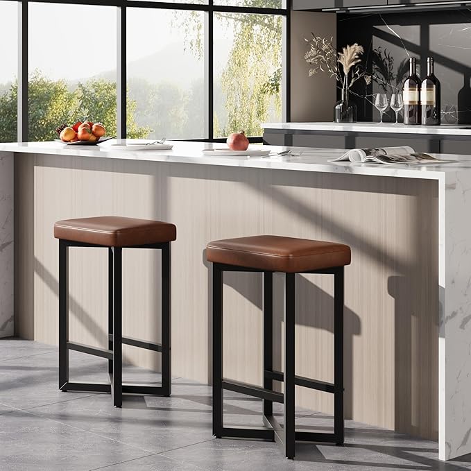 IDEALHOUSE Bar Stools Set of 2, 24.6" Counter Height Backless Barstools, Upholstered PU Leather Seats with Metal X-Frame & Footrest, Modern Kitchen Stools for Home Bar, Dining Room, Brown