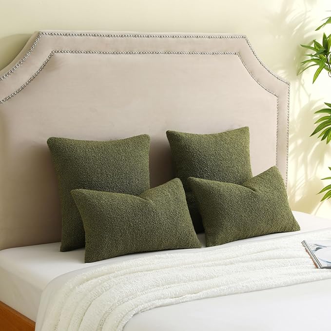 FUTEI Pack of 2 Moss Green Decorative Throw Pillow Covers 12x20 Inch Soft Cozy Solid Boucle Textured Lumbar Pillow Cases,Modern Home Decor for Couch Bed Living Room