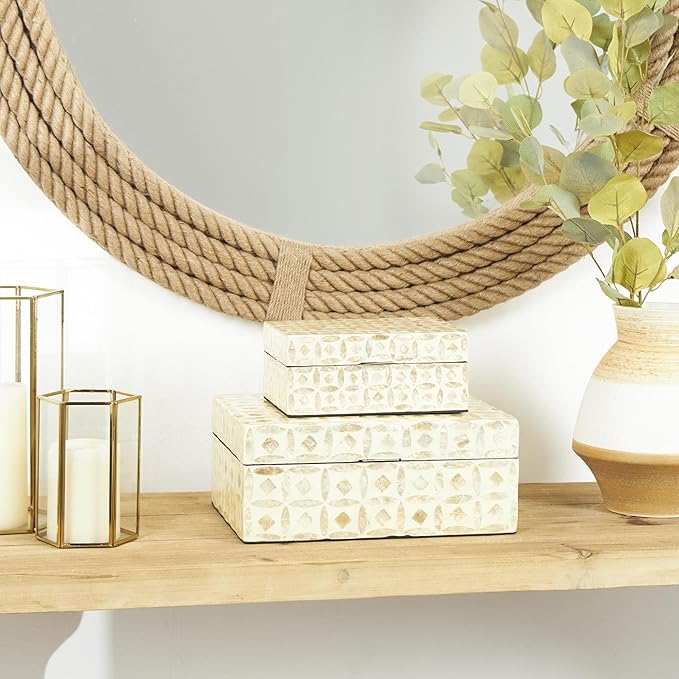 Deco 79 Mother of Pearl Shell Decorative Box Mosaic Storage Decorative Keepsake Boxes with Taupe Accents, Set of 2 Storage Boxes 12", 8"W, Beige