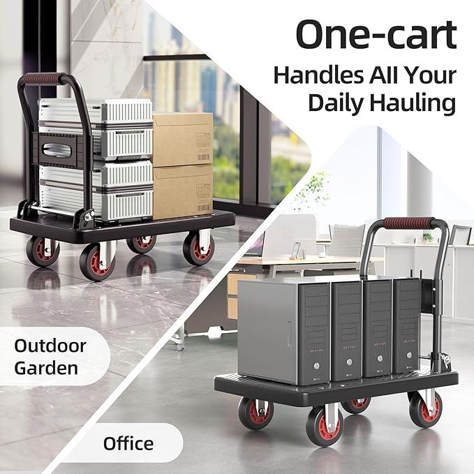 Upgraded Foldable Push Cart Dolly | 660 lbs. Capacity Moving Platform Hand Truck | Heavy Duty Space Saving Collapsible | 4‘’ TPR 360-Degree Silent Wheels | 2 Swivel Wheels and 2 Fixed Wheels