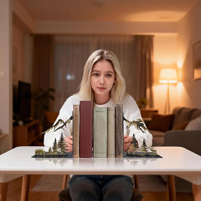 Hand-Painted Gold Mountain Bookends – Rustic Metal Forest Book Ends for Shelves, Heavy Duty Book Holders with Golden Pine Trees & Peaks, Vintage Decorative Book Stoppers for Home Office