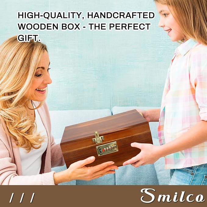 Smilco Wooden Storage Box with Hinged Lid Acacia Wood Hand-Crafted Wooden Box for Recipes Decorative Storage or as Keepsake