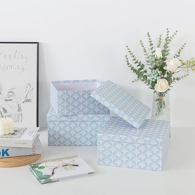 Soul & Lane Set of 3 Decorative Boxes with Lids, Square 11" x 11" Nesting Cardboard Storage for Home Décor in Blue, Keepsake and Memory Boxes for Organizing, Deco Sky