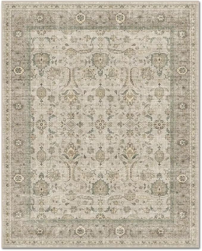 Washable 2x3 Entryway Rug, Boho Non-Slip Door Mat Vintage Distress Small Rugs for Kitchen Nursery Office Bedroom, 0.3" Neutral Oriental Throw Carpet with Cushioning Pad,Flaxen/Brown/Multi