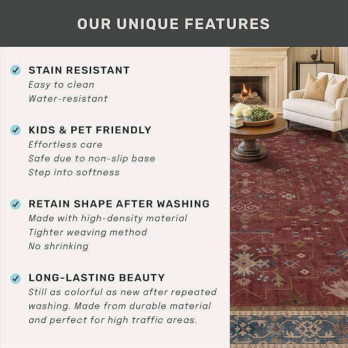 Burgundy 2x3 Washable Rugs for Entryway Indoor, Boho Kitchen Rug for Floor, Bathroom, Doormat Indoor Entrance, Waterproof Non Slip Low Pile Stain & Fade Resistant, Modern Eclectic Floral Decor