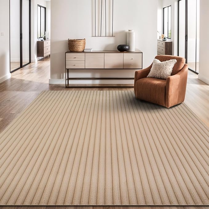 Beverly Rug Non Slip Area Rug 4 x 6 Modern Durable Ultra Soft Ribbed Indoor Rugs for Living Dining Room Office Stain Resistant Non Shedding Casual Easy Shag Indoor Carpet Beige 4x6