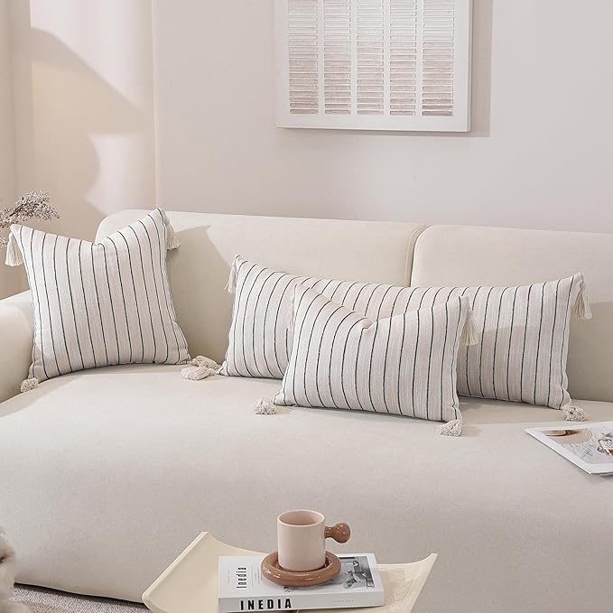 QDTTSRY Boho Throw Pillow Covers 20x12 Inch Set of 2, Textured Linen Striped Lumbar Cushion Covers with Tassels, Soft & Cozy Farmhouse Decor Pillow Cases for Sofa, Couch, Bed, Living Room, Green