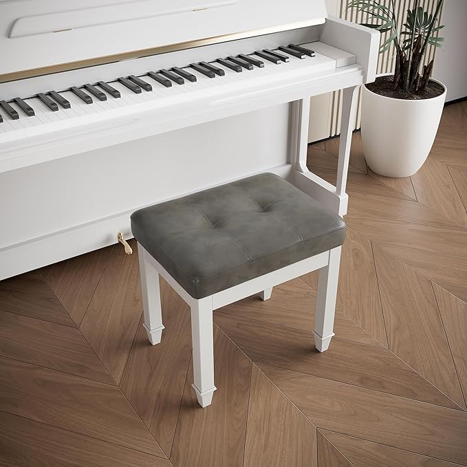 Vanity Stool Bench with Faux Leather Upholstered , Makeup Dressing Bench with Solid Wood Leg, Piano Bench Stools, Child Stool,18.5"L x 14.2"W x 18.5"H Stools, White Leg & Dark Gray Surface FD2405PGY