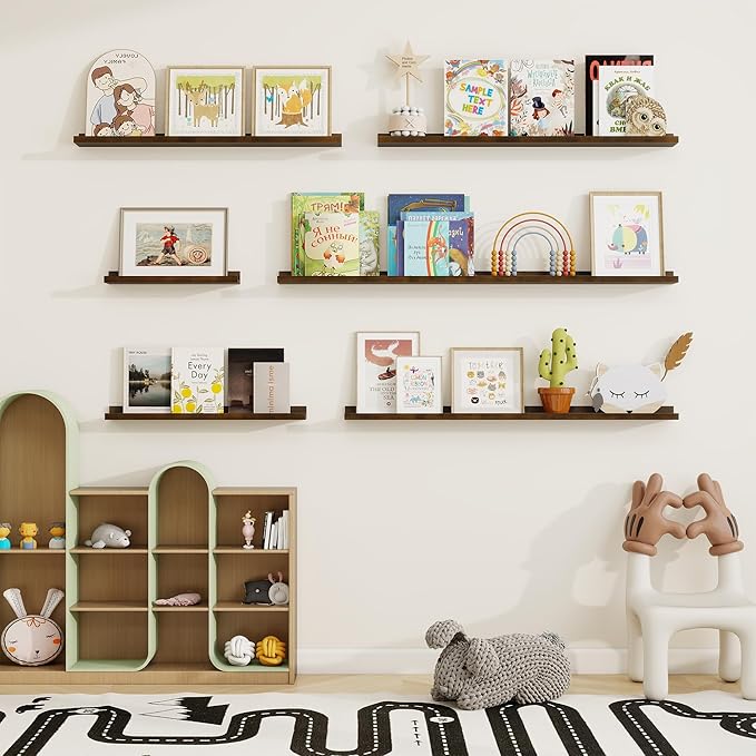 Picture Ledge Shelf, Floating Shelves Set of 2, 32 Inches Solid Wood Nursery Book Shelves for Toys Storage, Kids Bookshelf Wall Mounted for Living Room Bedroom Decor Books Photo Frames, Walnut