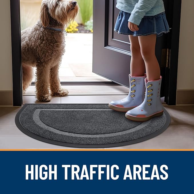 OLANLY Half Circle Door Mat Indoor Outdoor Entrance Welcome, Waterproof All-Season, All-Weather Doormat, Sturdy Natural Rubber, Low Profile, Easy Clean Patio Porch Entryway Mat, 36x24, Grey