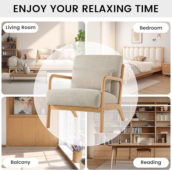 Aunekiv Accent Chair with Pillow Upholstered Mid-Century Chair Living Room Chair for Small Space Solid Wood Frame Reading Chair with Soft and Thick Cushion Armchair for Bedroom Balcony Grey 1PC
