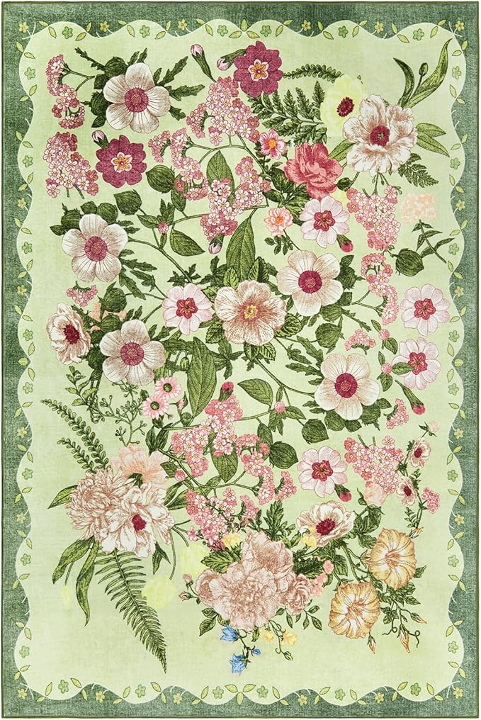 AREAMAY Floral Bedroom Rug - 4x6 Washable Area Rugs Non-Slip Soft Low-Pile Stain Resistant Carpet Flower Print Vintage Indoor Rug for Living Room Dining Room Office Nursery Room, Green