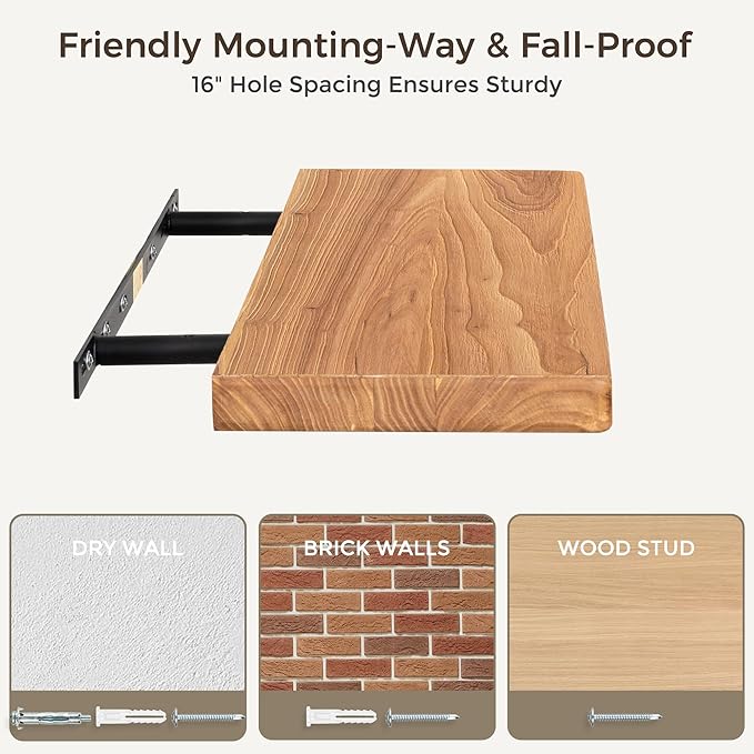 Fun Memories Rustic Solid Elm Wood Floating Shelves, 16" W x 8" D Floating Shelf Wall Mounted, 8 Inch Deep Wall Shelves, Wooden Bathroom Shelf for Home, Deep Bookshelf for Living Room, Set of 2