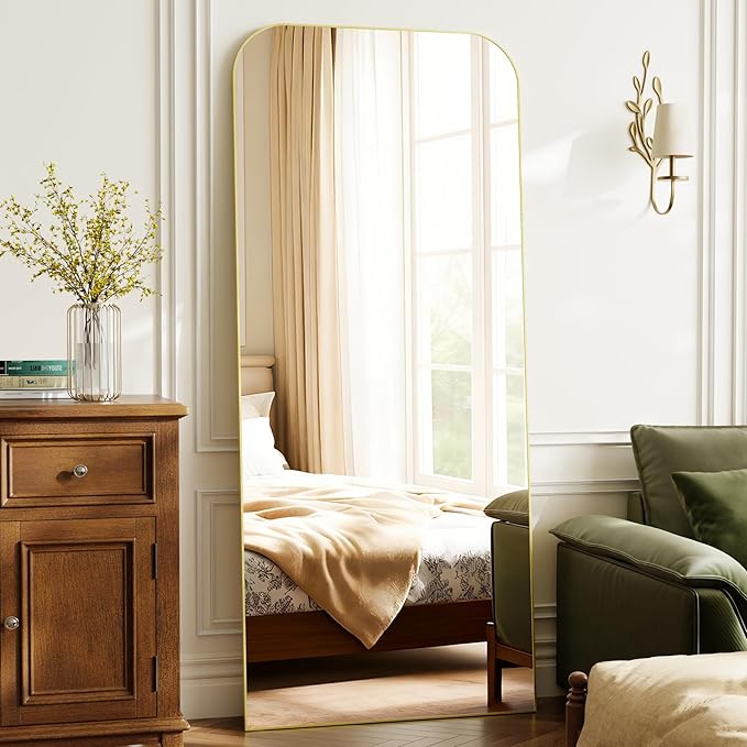 Full Length Mirror 65"x24" Mirror Full Body with Aluminum Alloy Frame Top Square-Edged Floor Mirror with Stand for Bedroom Living Room Gold