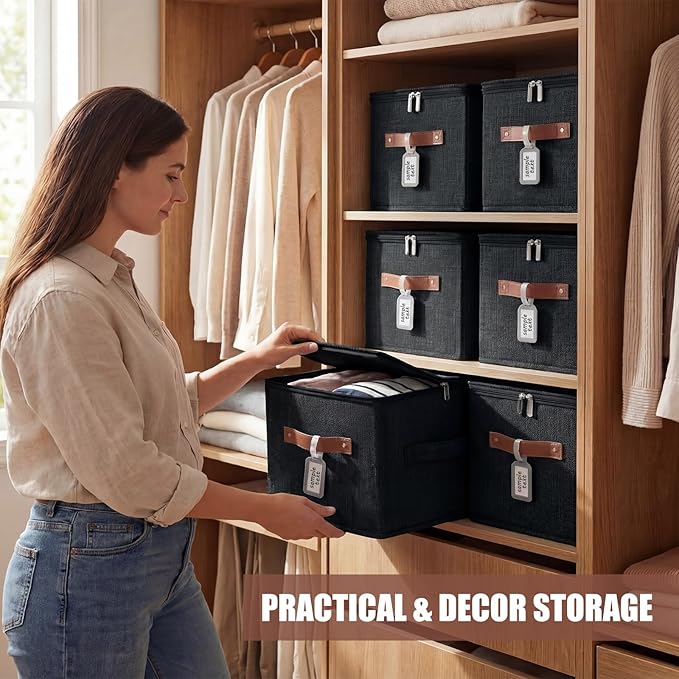 6 Pack Fabric Storage Bins with Lids and Label, 10×8×7Inch Foldable Cotton Linen Cute Storage Boxes with PU Leather Handles for Closet, Bedroom, Shelf, Nursery, Black