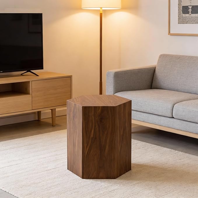 Modern Hexagonal Side Table, Walnut Wood MDF Coffee Table with Natural Texture, Non-Slip Surface, 15.7x13.8x18.9 Inches (Walnut)