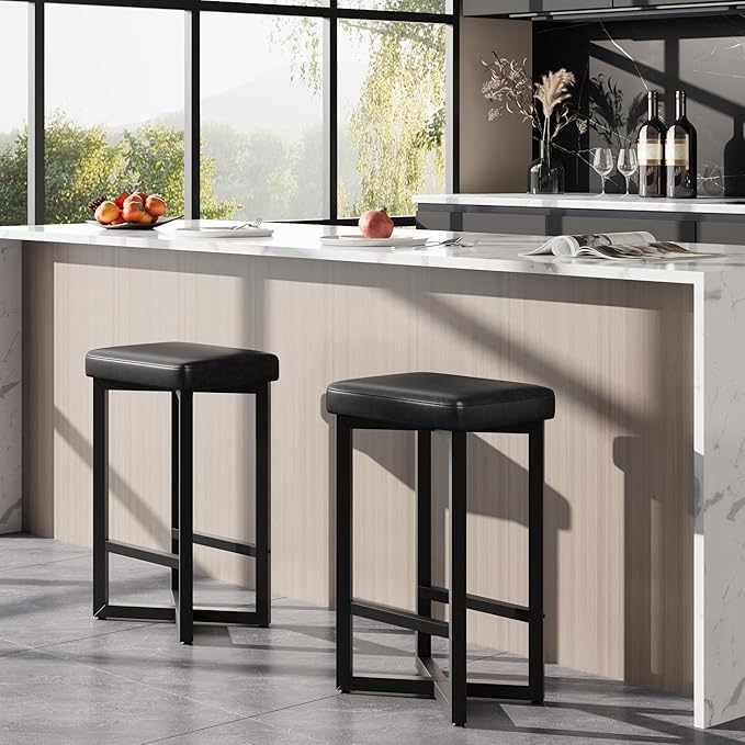 IDEALHOUSE Bar Stools Set of 2, 24.6" Counter Height Backless Barstools, Upholstered PU Leather Seats with Metal X-Frame & Footrest, Modern Kitchen Stools for Home Bar, Dining Room, Black