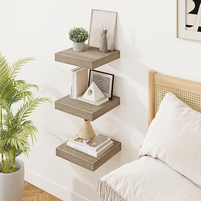Marsmiles Square Floating Shelves for Wall, 10" W x 10" D x 1.25" H, 3 Packs Small Wall Mounted Engineered Wood Shelves with Invisible Brackets for Living Room, Bedroom, Bathroom, Kitchen Decor, Grey