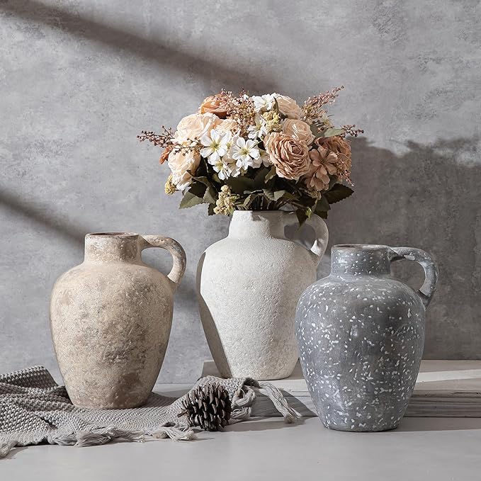 Ceramic Decorative Flower Vase with Handle,8.85 Inch Terracotta Rustic Farmhouse Vase for Home Decor,Living Room, Shelf Decor,Wedding,Housewarming Gift