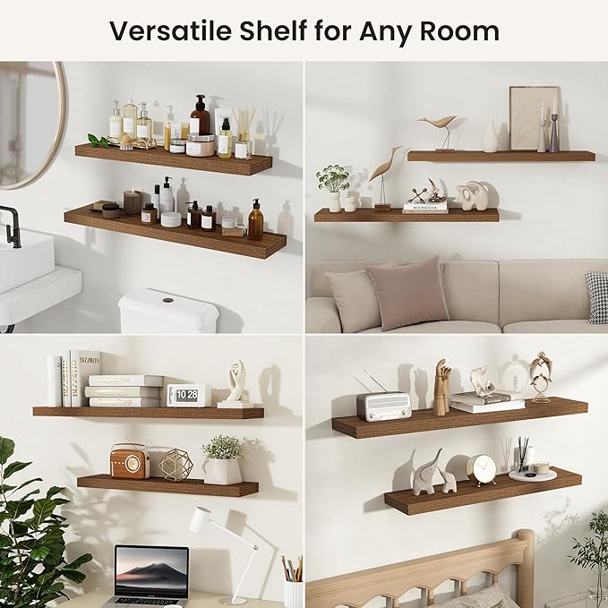 Fun Memories Rustic Wood Floating Shelves for Wall, Space-Saving Wall Mounted Shelves for Bathroom, Bedroom, Living Room and Kitchen, Stylish Storage & Display (Set of 2, Walnut, 30 in)