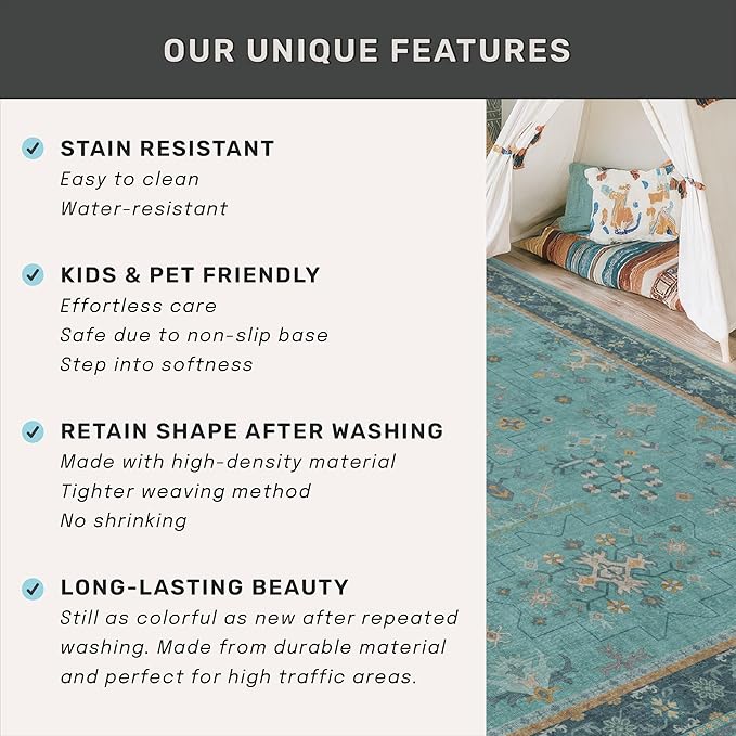 Boho Teal 6x8 Rug for Living Room, Washable Area Rugs for Bedroom, Dining Room Under Table, Vintage Turquoise Décor Indoor, Low Pile & Soft Carpet