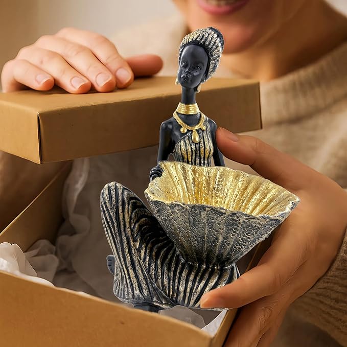 African Woman Sitting Statue with Small Decorative Bowl – Resin Figurine, Black and Gold African Sculpture, Jewelry Holder Dish, African Home Decor Gift