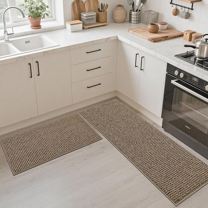 JSEI Kitchen Runner Rugs, 17''x48'' Non-Slip Kitchen Mats for Floor, Machine Washable Absorbent and Stain Resistant Kitchen Rug, Carpet Mats with TPR Backing for Kitchen, Taupe