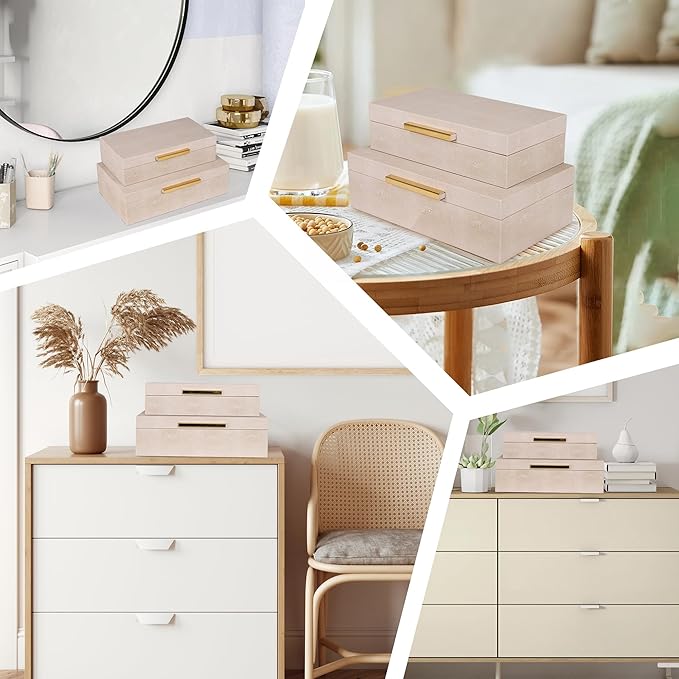 Hanna Roberts Faux Leather Stackable Nesting Jewelry Box with Lids Organizer – Set of 2 Beige Shagreen Decorative Storage Boxes with Gold Metal Handles