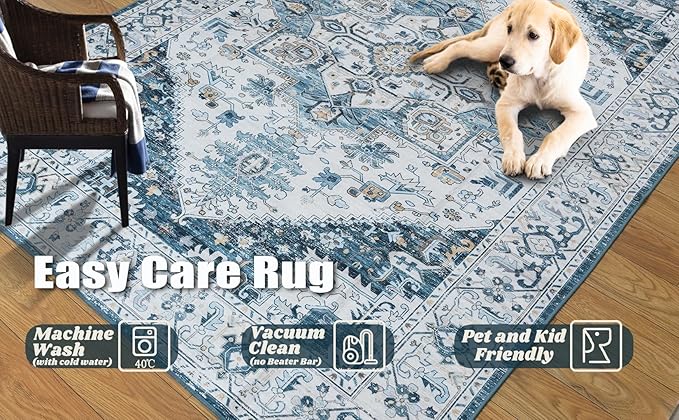 Fortsea 8x10 Area Rugs for Living Room, Machine Washable Non Slip Vintage Retro Rugs, Low Pile Lightweigt Chenille Print Indoor Rug for Bedroom, Dining Room, Home Office (Blue Gold Cream 8X10)…