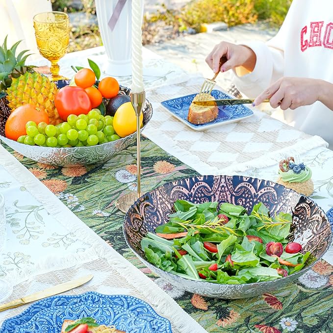 Sungmor 2PC 12.5'' Large Thick Glass Fruit Bowls, Moroccan Style Decorative Serving Bowls, Beautiful Centerpiece Snacks Bowl, Salad Mixing Bowl, Kitchen Counter Display Tray for Breads, Vegetables