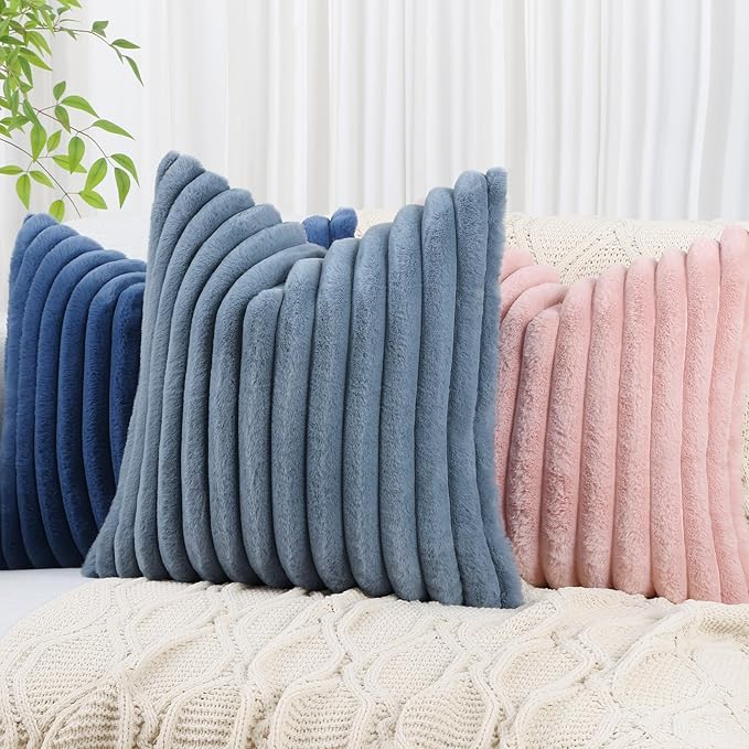 decorUhome Faux Fur Spring Throw Pillow Covers 22x22 Set of 2, Decorative Soft Plush Striped Neutral Couch Euro Sham Pillow Covers with Velvet Back for Sofa, Bed, Living Room Home, Grey Blue