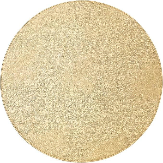 Morgan Faux Leather Round Set of 12 Placemats, 15",Gold, Heat Resistant, Stain Resistant, Non-Slip, Reversible, Durable Table Mats for Kitchen, Dining Table, Indoor Washable Use