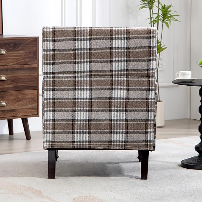 Yogald Vintage Plaid Accent Armchair, Comfy Upholstered Reading Chair with Nail-Head Trim, Farmhouse Sofa Chair, Coastal Single Corner Chair for Living Room Bedroom Guest Room (Coffee Linen)