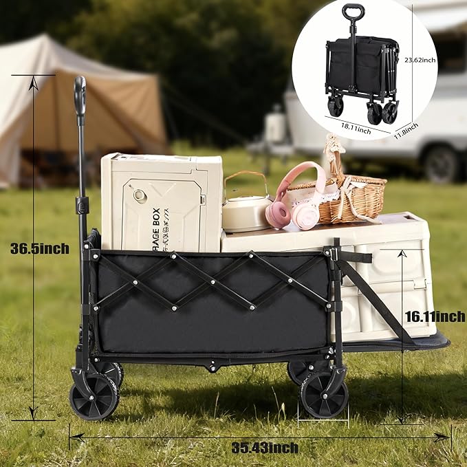 XMT 100L Folding Wagon Cart Push & Pull Beach, 350 lbs Weight Capacity Heavy Duty Folding Beach Wagons with Big All-Terrain Wheels & Drink Holders for Groceries, Shopping, Camping, Sports - Black