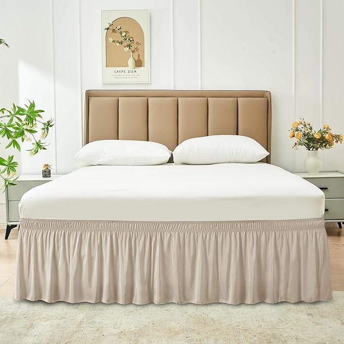 Biscaynebay Wrap Around Bed Skirts for Full & Full XL Beds 15 Inch Drop, Light Camel Elastic Dust Ruffles with Adjustable Belts Silky Luxrious Fabric Machine Washable