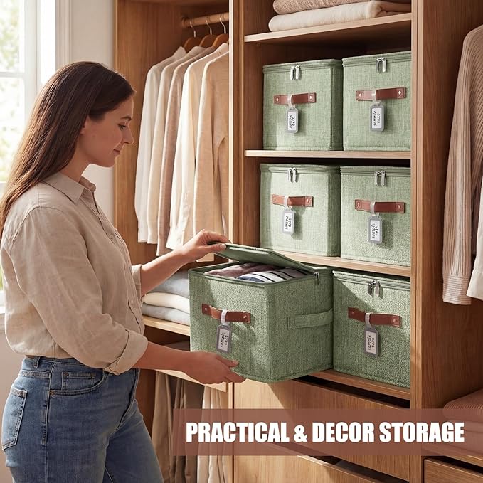 6 Pack Fabric Storage Bins with Lids and Label, 10×8×7Inch Foldable Cotton Linen Cute Storage Boxes with PU Leather Handles for Closet, Bedroom, Shelf, Nursery, Green