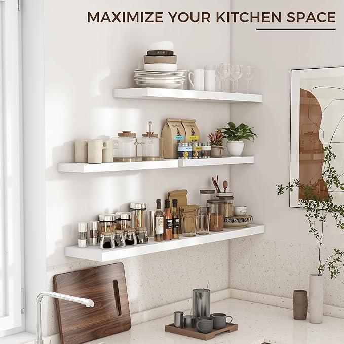 Floating Shelves for Wall 24"W x 6.7"D x 1.37"H, Engineered Wood Wall Shelves with Invisible Brackets for Living Room Bedroom Bathroom Office Kitchen Decor and Storage, White Finish, Set of 2