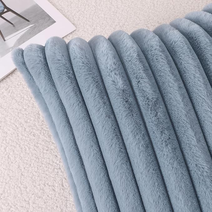 Pallene Faux Fur Plush Throw Pillow Covers 20x20 Set of 2, Luxury Soft Fluffy Striped Decorative Pillow Covers for Sofa, Couch, Living Room, Blue Grey