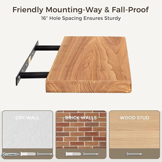 Fun Memories Floating Shelves for Wall, Rustic Wood Floating Shelf for Home Decor, Solid Elm Wood Wall Shelf Heavy-Duty Bracket, Wooden Bathroom Shelves 16 Inches Long Set of 2