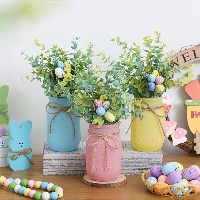 Easter Decorations, Mason Jar Centerpiece for Dinning Table with Wood Tray & Easter Eggs Decor, Table Decor for the Home, Spring Decorations for Home