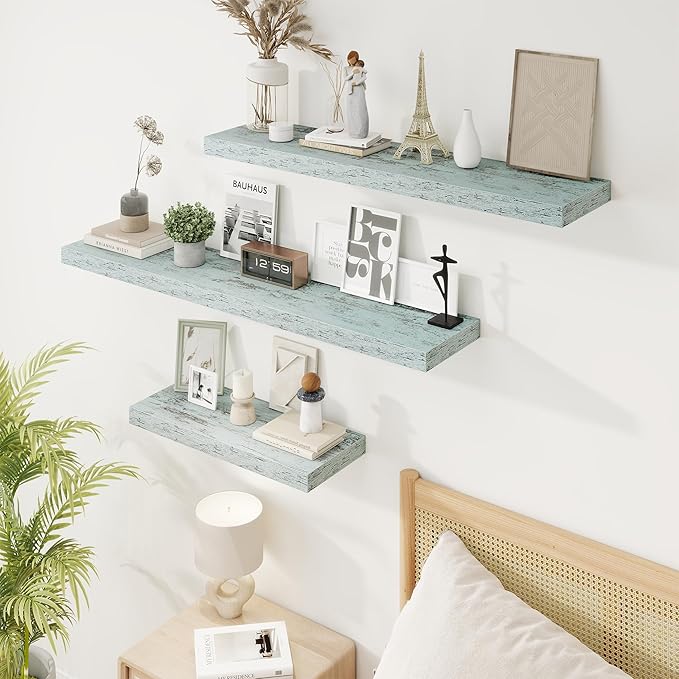 36in Floating Shelves for Wall, 36"W x 9.25"D x 1.25"H, 2 Pack Long Wall Mounted Engineered Wood Shelves with Invisible Brackets for Living Room, Bedroom, Bathroom, Kitchen Decor and Storage, Blue