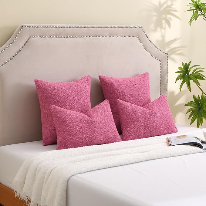 FUTEI Valentine's Day Pack of 2 Hot Pink Decorative Throw Pillow Covers 16x16 Inch Soft Cozy Solid Boucle Textured Cushion Case,Modern Home Decor for Couch Bed Living Room