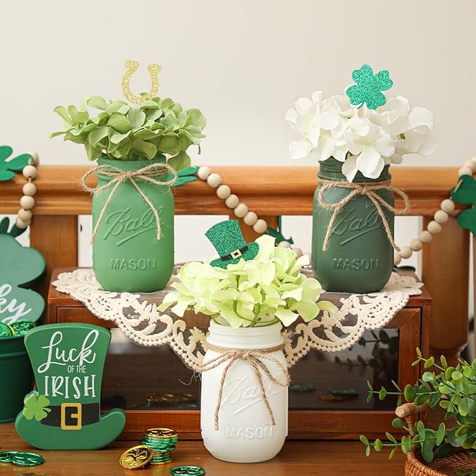 SUPREME LIGHTS 2017 Green Glass Cylindrical Decorative Jars, Set of 3, Perfect for St. Patrick's Day, Spring, Farmhouse Table Decor