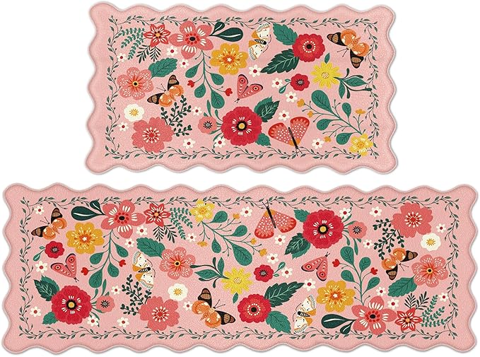 Scalloped Pink Kitchen Mats for Floor 2PC Cushioned Anti Fatigue Kitchen Mats Rugs Waterproof Non Slip Farmhouse Boho Floral Comfort Foam Standing Mat for Sink Laundry