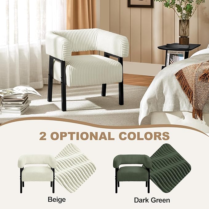 Yaheetech Corduroy Barrel Accent Chair, Modern Upholstered Armchair with Solid Wood Legs, Cozy Leisure Chair with Pocket Coiled Seat for Living Room, Bedroom, Reading Nook Beige