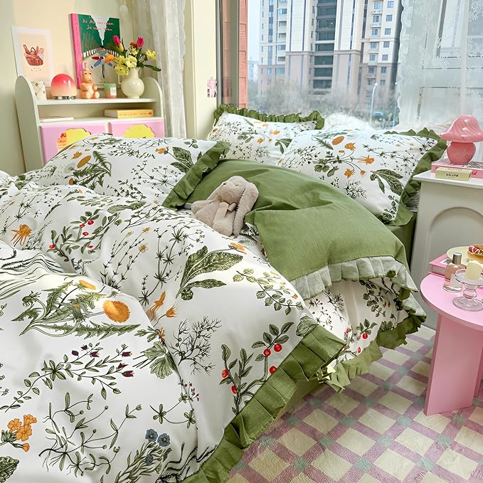 Romantic Green Floral Duvet Cover Queen 3 Pieces Ruffle Duvet Cover Girls Flower Comforter Cover 100% Cotton Vintage Floral Green Lace Bedding Cottagecore Flower Comforter Cover with 2 Pillowcases